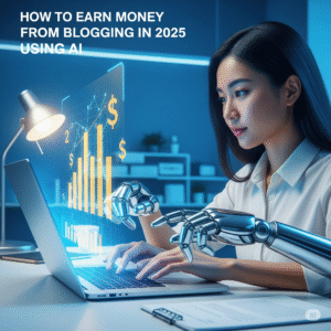 A blogger at a laptop using AI tools to write content, with holographic charts showing how to earn money from blogging in 2025.