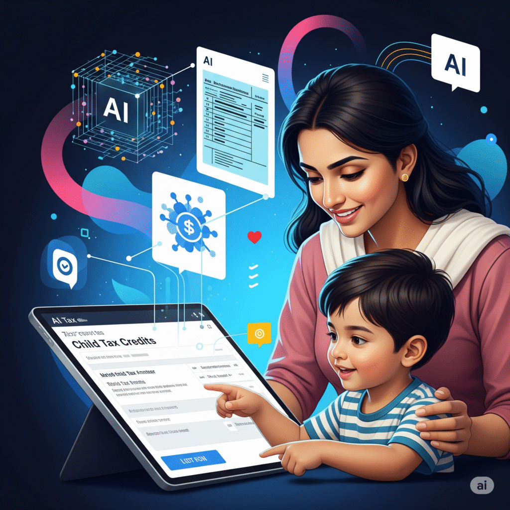 A diverse family happily reviews tax information on a tablet, with dollar signs, symbolizing an AI-powered tax software helping them maximize their Child Tax Credit refund.