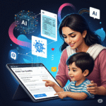 A diverse family happily reviews tax information on a tablet, with dollar signs, symbolizing an AI-powered tax software helping them maximize their Child Tax Credit refund.
