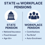 A digital infographic comparing UK State Pension and Workplace Pension including contributions, tax benefits, and retirement strategies.