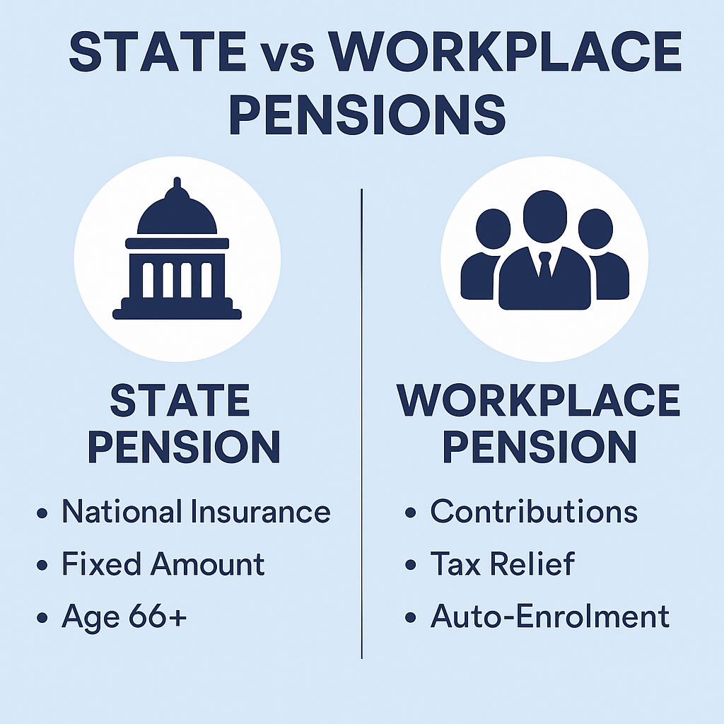 A digital infographic comparing UK State Pension and Workplace Pension including contributions, tax benefits, and retirement strategies.