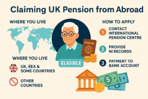 UK pension infographic showing eligible countries and payment process for expats