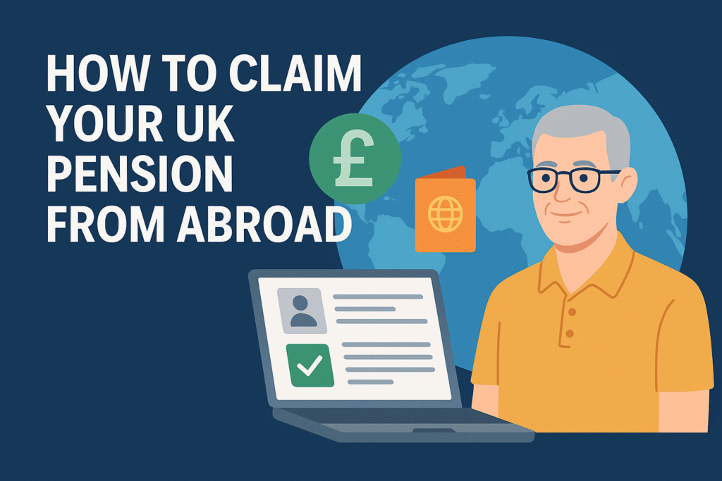 Infographic showing how to claim UK pension from abroad for expats in 2025, including step-by-step guide and country-specific requirements.