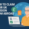 Infographic showing how to claim UK pension from abroad for expats in 2025, including step-by-step guide and country-specific requirements.