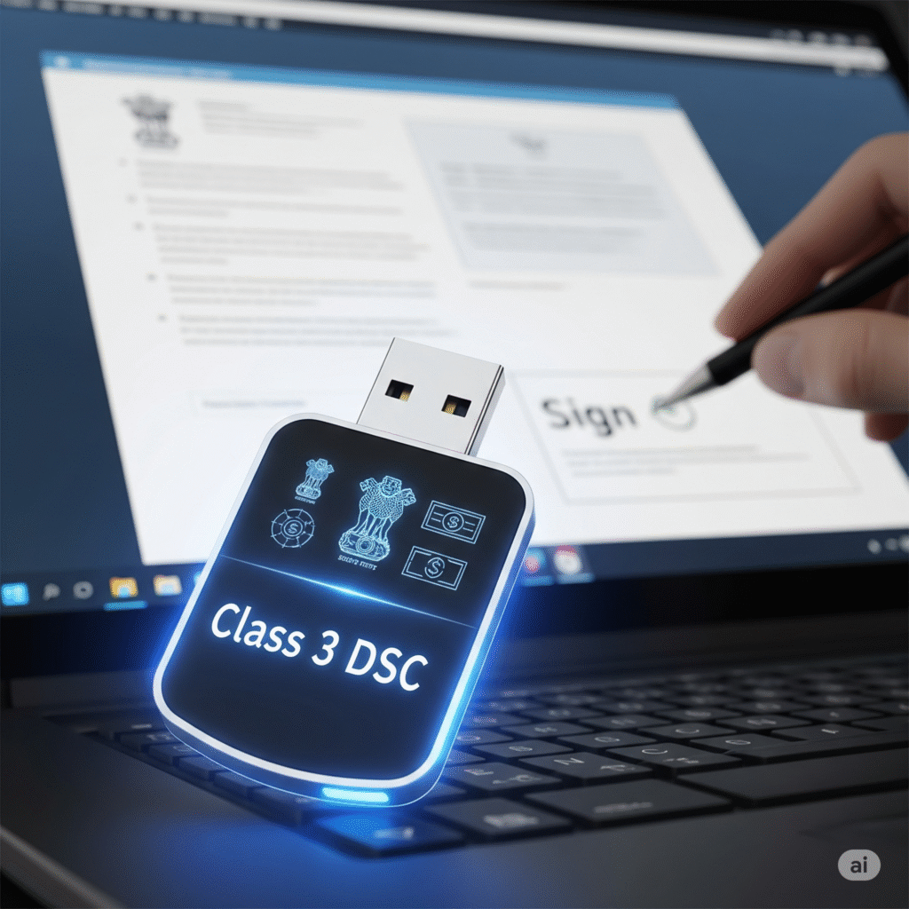 A secure USB token labeled 'Class 3 DSC' is plugged into a laptop, illustrating the use of a Digital Signature Certificate for signing official documents online in India.