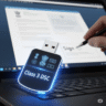 A secure USB token labeled 'Class 3 DSC' is plugged into a laptop, illustrating the use of a Digital Signature Certificate for signing official documents online in India.