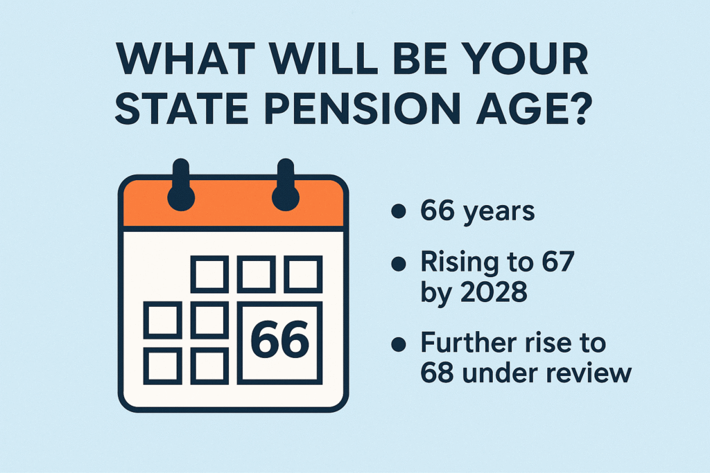 UK state pension age infographic showing retirement eligibility, reform timeline, and future pension age plans.