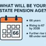 UK state pension age infographic showing retirement eligibility, reform timeline, and future pension age plans.